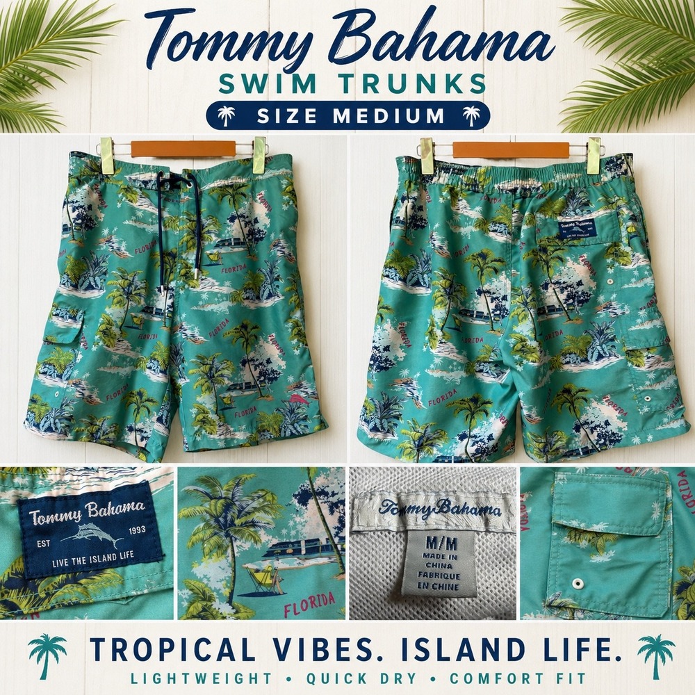 Tommy Bahama Mens Florida Tropical Swim Trunks Green Medium Cargo Pockets